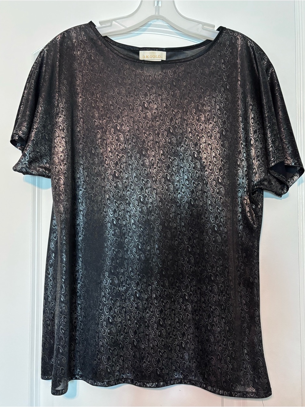 DK Gold Metallic Black Blouse Medium Shimmer Top Made in USA